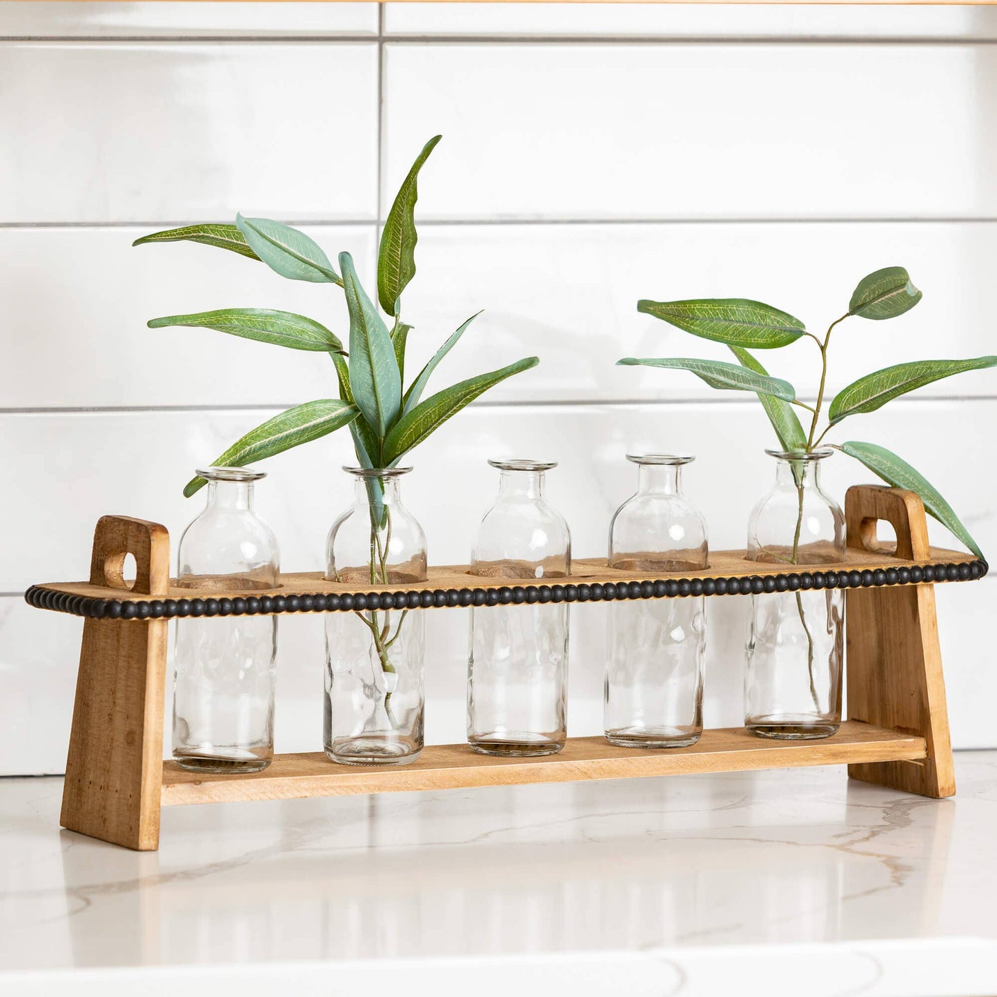 GLASS VASES WITH WOODEN STAND